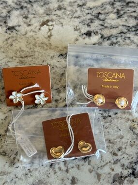 Gold-Tone White Enamel Flower, Pearl & Heart Stud Earring Set - 3 Pairs